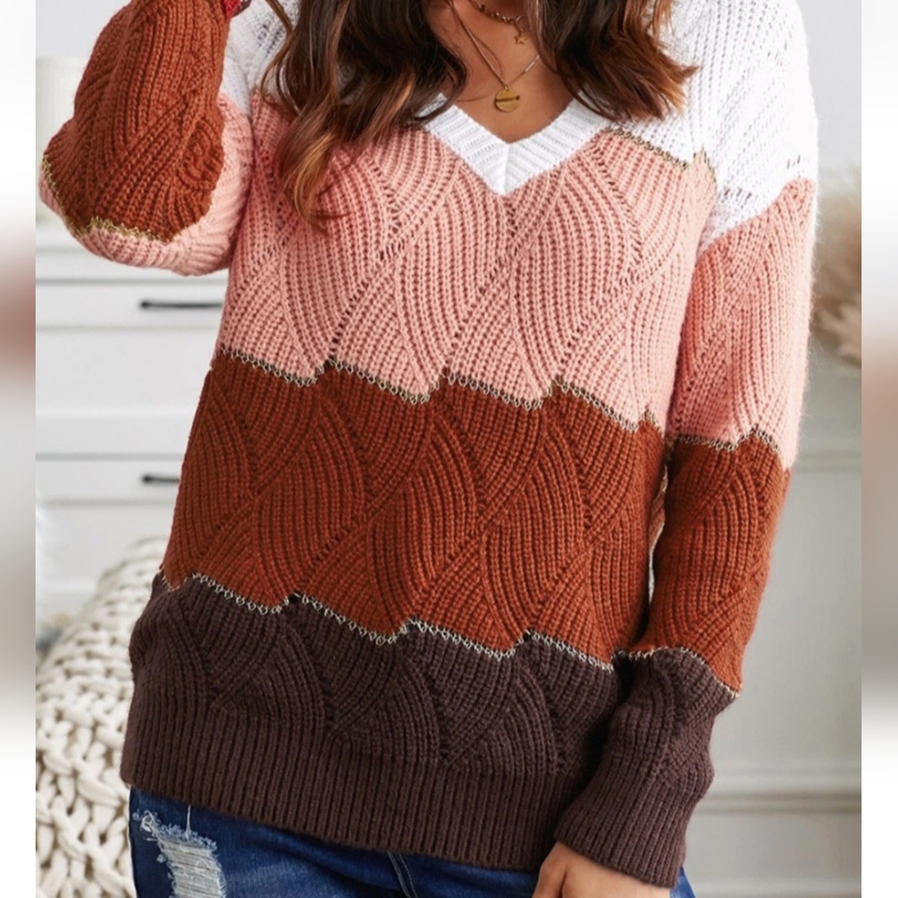 Maggie Casual LongSleeveLoose Contrasting ColorsV-NeckWomen PulloverSweater XXL